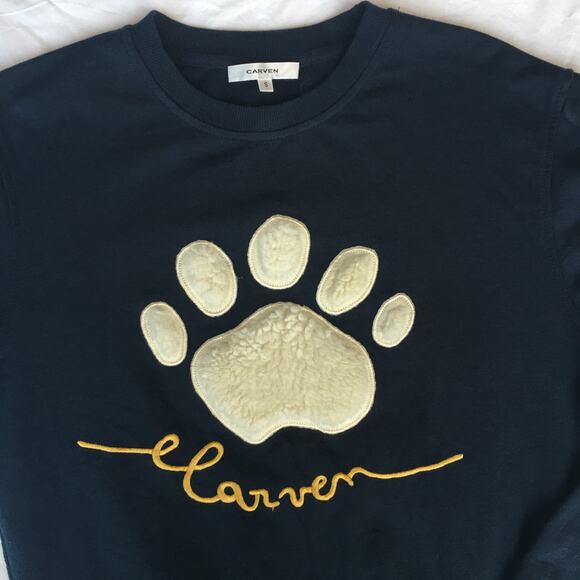 Carven Pullover Lightweight Sweatshirt Paw Print Sherpa Fleece Navy S Unisex - Picture 6 of 9